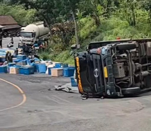 Truk Hino Bermuatan Udang Terguling di Tanjakan Baeud Sukabumi